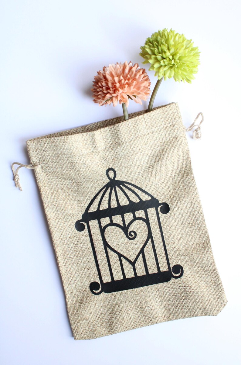 Jute Drawstring Bag: Love Cage or Rose Design, Wedding Favor Pouch image 8