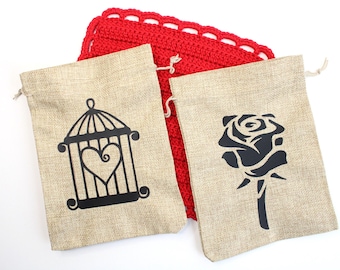 Jute Drawstring Bag: Love Cage or Rose Design, Wedding Favor Pouch