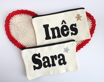 Personalized Name Cotton Pouch, Custom Zippered Makeup Bag