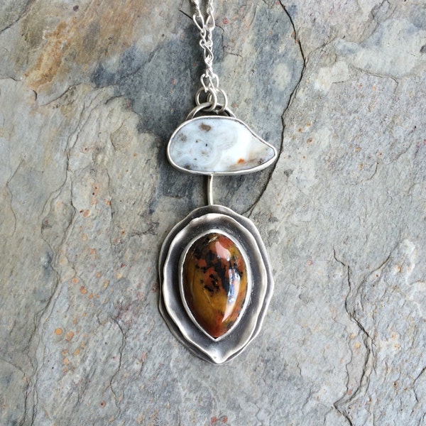 Tiger Tail Jasper and Ocean Jasper Necklace in Fine Silver. Designer Cabochon Jewelry for Charity. NC34