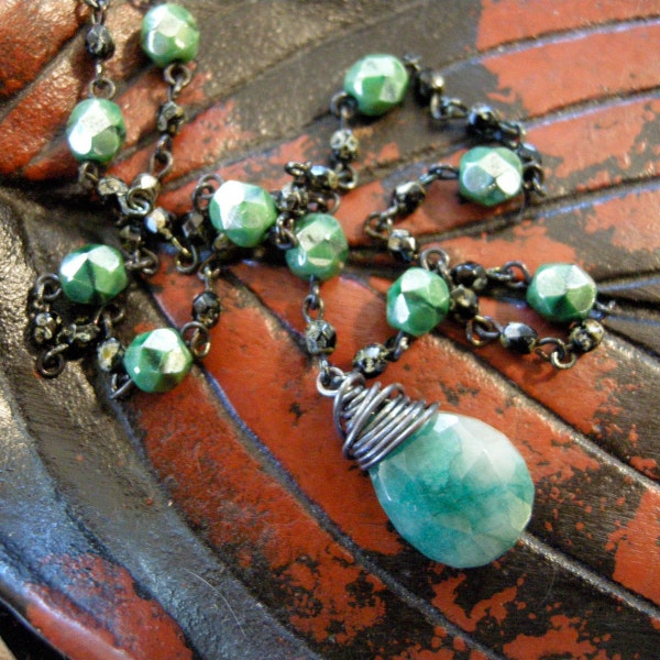 Emerald Wrapped Necklace with Beaded Chain.