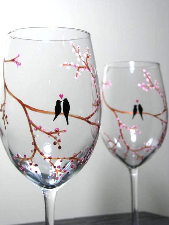 Items similar to Hand Painted Wine Glasses Birds on Tree Branch, Set