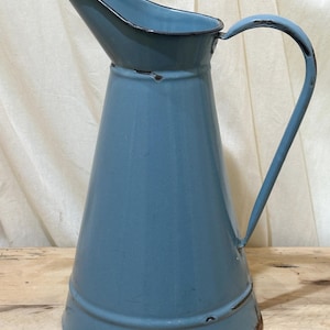 French Enamel Water Jug or Pitcher, Grey Blue Enamel, Flower Vase