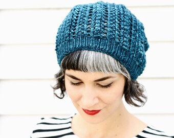 Worsted weight Popcorn Lace Hat knitting pattern PDF slouch hat