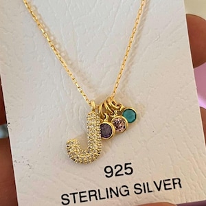 Initial Necklace with Birthstone, Initial Necklace for Mom, Letter and Birthstone Pendant, Birthstone Charm Necklace, Christmas Gift