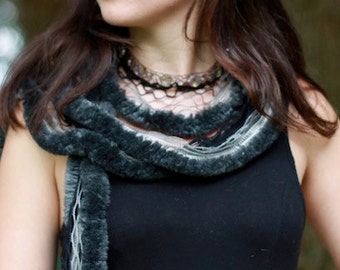 Faux fur Scarf Necklace/ Varied colors/ Attached Wire Crochet Choker/Necklace with Crystals/Gemstones/Wood beads
