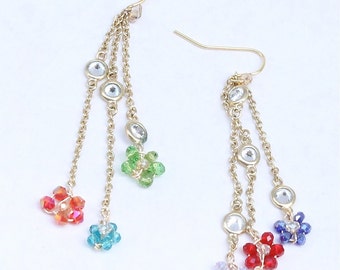Crystal Flower Earrings/ Chains/ Gold plated earwires/ Rainbow colors
