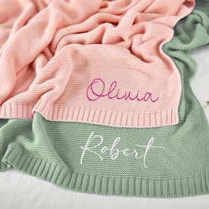 Spersonalizowany kocyk dla dziecka z miękkiej bawełny dzianinowej z haftowanym imieniem dziecka, prezent na baby shower, kocyk dla noworodka, pamiątka dla dziecka
