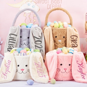 Personalized Plush Easter Basket,Embroidered Easter Bucket,Kids Bunny Basket with Name,Custom Easter Bag,Easter Gift for Kids Girls Boys
