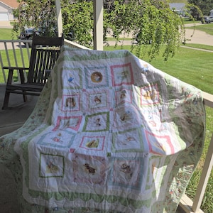Beatrix Potter Lap Quilt | Handmade Cotton Quilt 53x62 | Soft Blue Pink Green | Flannel Backing | Cottage Floral Quilt