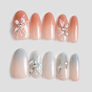 Blue ombre Press On Nails, Pink Gradient Short Almond Butterfly Nails, Glittery Rhinestone Nails, 3D Nails, Fake Nails, Reusable Nails