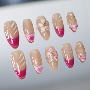 Wedding Press On Nails: 3D Flower, Pink Ombre, Hand-Painted Floral Nail Art