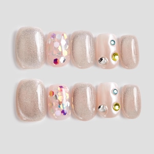 Cat Eye Press on Nails with Rhinestone, 3D Holographic Glitter Nails, Colorful Crystal Nails, Short Squoval Nails, Acrylic Nails, Fake Nails