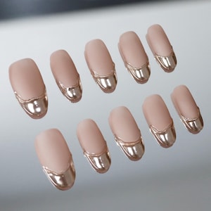 Luxury Gold Classic French Tips Press On Nails, Chrome Nail art Reusable Manicure Fingernails, Natural Fake Nails, Wedding Nails, Matte Nail