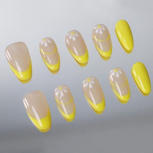 Unhas postiças com flor branca e pontas francesas, unhas postiças elegantes pintadas à mão, unhas amendoadas, unhas postiças artísticas, unhas premium reutilizáveis