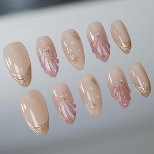 Custom Peal Pink Seashell Press On Nails, Reusable Chrome Nails, Gel Nails, Fake Nails, Acrylic 3D Nail Art,Artist faux nails, Wedding Nails