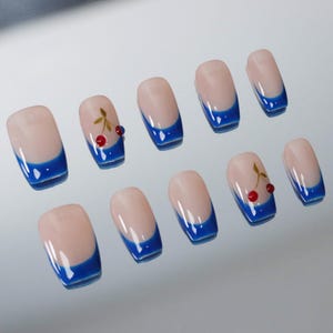 Cherry nails, Hand printed nail, Gift Nails, custom press on nails, handmade Press on Nails, Faux Acrylic Nail, Gel Nails, Summer Blue Nail