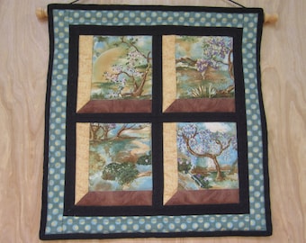 Quilted Wallhanging "Moon Light" Attic Window Design, Embroidered Wall Hanging, Quiltsy Handmade Beaded Fabric Picture