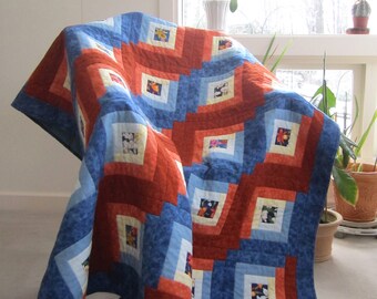 Lap Quilt "Orchid Potpourri" Log Cabin Throw, Quilted Blanket, Orange White Blue Quilt, Log Cabin Quilt, Quiltsy Handmade, Wheelchair Quilt