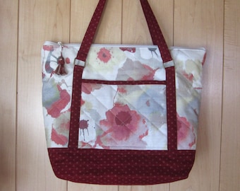 Quilted Totebag "Painted Flowers" Large Floral Tote, Handmade Fabric Tote, Market Bag, Carry-all, Quiltsy Handmade,