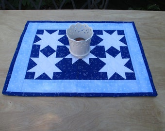 Quilted Table Mat "A Starry Christmas" White and Silver Stars Blue and White Rectangular Table Topper Reversible Candle Mat Quiltsy Handmade