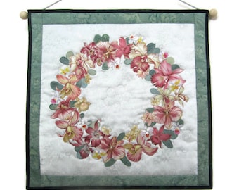 Quilted Wallhanging "Orchid Wreath" Mini Art Quilt, Floral Wall Hanging, Red and Pink Orchid Blossoms, Quiltsy Handmade