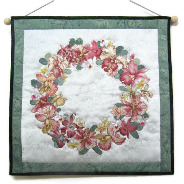 Quilted Wallhanging "Orchid Wreath" Mini Art Quilt, Floral Wall Hanging, Red and Pink Orchid Blossoms, Quiltsy Handmade