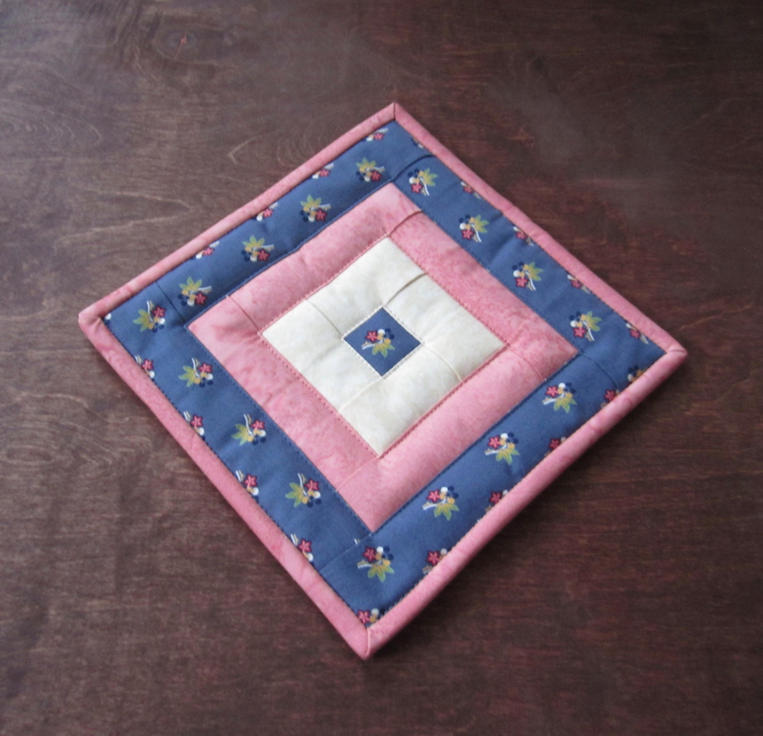 Quilted Hot Pad "Small Floral Bouquets" Fabric Trivet, Quiltsy Handmade, Small Flowers on Blue Background, Kitchen Pads, Mug Rug, Candle Mat