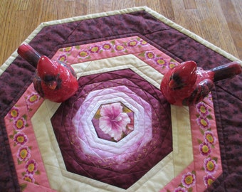 Quilted Table Topper "Pink Hibiscus" Sevensided Table Mat, Fancy Floral Table Topper, Heptagonal Table Decor, Quiltsy Handmade, Center Piece
