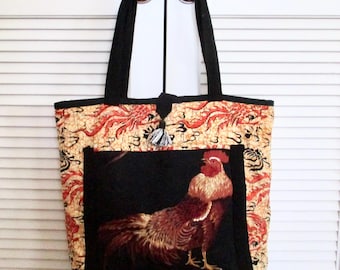 Quilted Tote Bag "Top Rooster" Orange, Red and Black Handbag, Handmade Fabric Tote, Market Carry-all