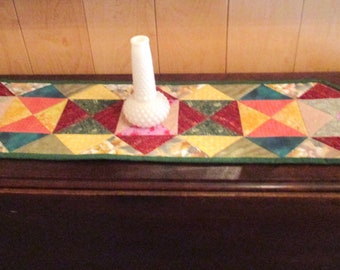 Quilted Table Runner "Colorful Triangles" Modern Design, Geometric Patchwork, Quiltsy Handmade, Rectangular Table Topper, Dining Table Mat