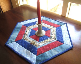 Quilted Table Topper "Red and Blue Birds" Hexagonal Table Decor, Quiltsy Handmade, Table Center Piece, Mini Quilt