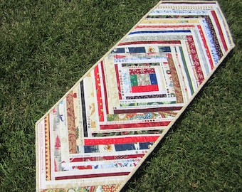 Quilted Table Runner "A Colorful Season" Christmas Table Topper, Selvedge Design, Winter Holiday Table Mat, Quiltsy Handmade