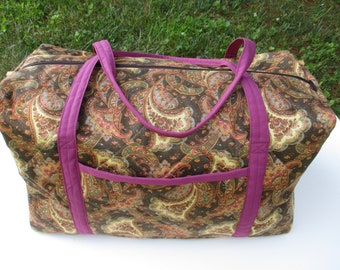 Quilted Duffle Bag  "Floral Paisley" Large Duffel Bag, Brown, Maroon and Tan,  Zippered Travel Bag, Quiltsy Handmade