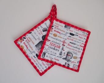 Quilted Potholders "A Cooks Helper" Set of 2 Red, White and Black Hotpads, Quiltsy Handmade
