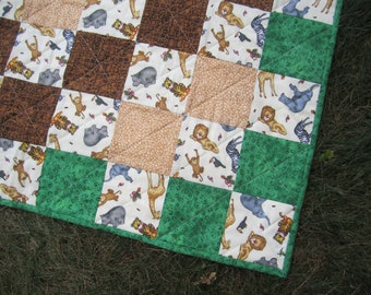 Patchwork Children's Quilt "Elephants, Lions, Leopards, Giraffes, Monkeys" Wild Animals Quilt 42.5x35.5" Green Brown Beige, Quiltsy Handmade