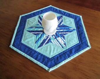 Quilted Table Topper "Blue, Aqua & White Star and Candles" Hexagonal Table Decor, Quiltsy Handmade, Table Center Piece, Mini Quilt
