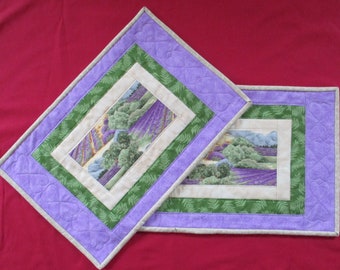 Quilted Placemats "Green and Lavender Landscape" Small Table Toppers, Lilac, Cream colored and Green Table Decor, Dining Table Mat