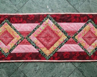 Quilted Tablerunner, Red, Pink and Green Floral Fabric Art, Medium Table Topper