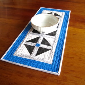 Quilted Table Runner &quot;Black, Gray and Blue&quot; Modern Design, Geometric Patchwork, Quiltsy Handmade, Rectangular Table Topper, Dining Table Mat