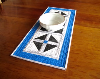 Quilted Table Runner "Black, Gray and Blue" Modern Design, Geometric Patchwork, Quiltsy Handmade, Rectangular Table Topper, Dining Table Mat