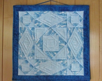 Quilted Wallhanging "Ocean Waves"  Blue Wall Decor, 19" Square Table Mat, Table Decor, Quiltsy Handmade