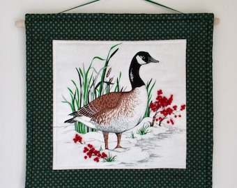 Decorative Wallhanging "Wild Canadian Goose" Winter Scene, Small Quilted Wall Hanging, White Brown Red and Green, Quiltsy Team
