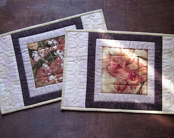 Quilted Placemats "Exotic Orchids" Set of 2, Mini Quilt, Snack Mats, Table Topper, Dining Decor, Quiltsy Handmade