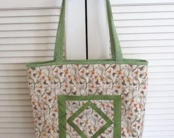 Quilted Totebag "Butterflies and Flowers" Medium Size Floral Tote, Handmade Fabric Tote, Market Bag, Carry-all