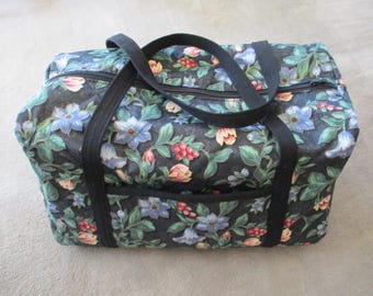 Quilted Duffle Bag, Large Floral Design, Black Duffel Bag, Pink and Blue Flowers, Zippered Travel Bag
