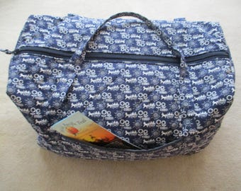 Quilted Duffle Bag "Horse Drawn Carriage" Large Blue Duffel Bag, Blue and White, Zippered Travel Bag, Quiltsy Handmade