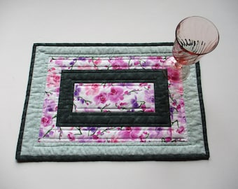 Quilted Placemats "Pink Orchids" Set of 2 Table Mats, Quiltsy Handmade, Floral Table Decor, Pink Flower Snack Mat, Exotic Flowers