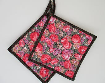 Handmade Potholders "Colorful Blossoms" Set of 2 Pink and Green Floral Hotpads,