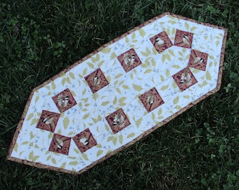 Quilted Table Runner "Birds and Holly Leaves" Off-White Red Light Brown Table Mat, Winter Decor, Small Fabric Table Topper, Quiltsy Handmade